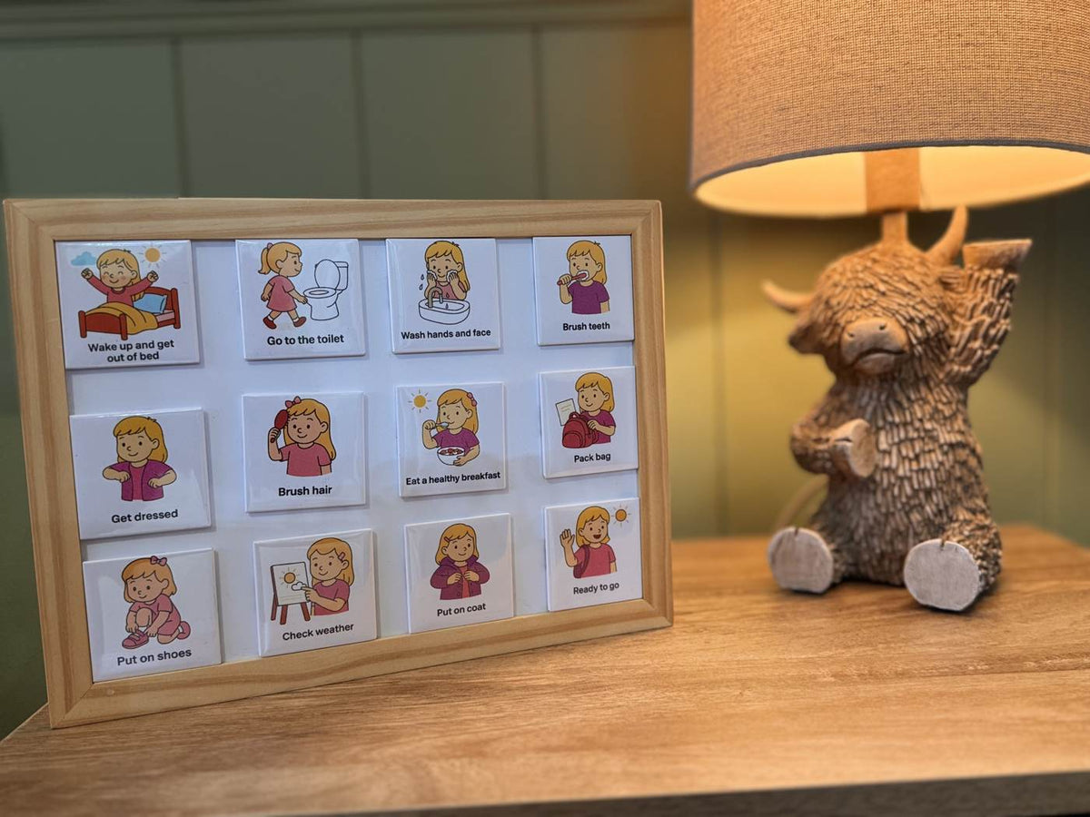 MagnetMe Morning Routine magnet set in use on a real bedroom dresser